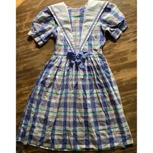 Monday's Child Vintage 90s Sailor Collar Dress 10 Blue 100 %Cotton Retro Rare